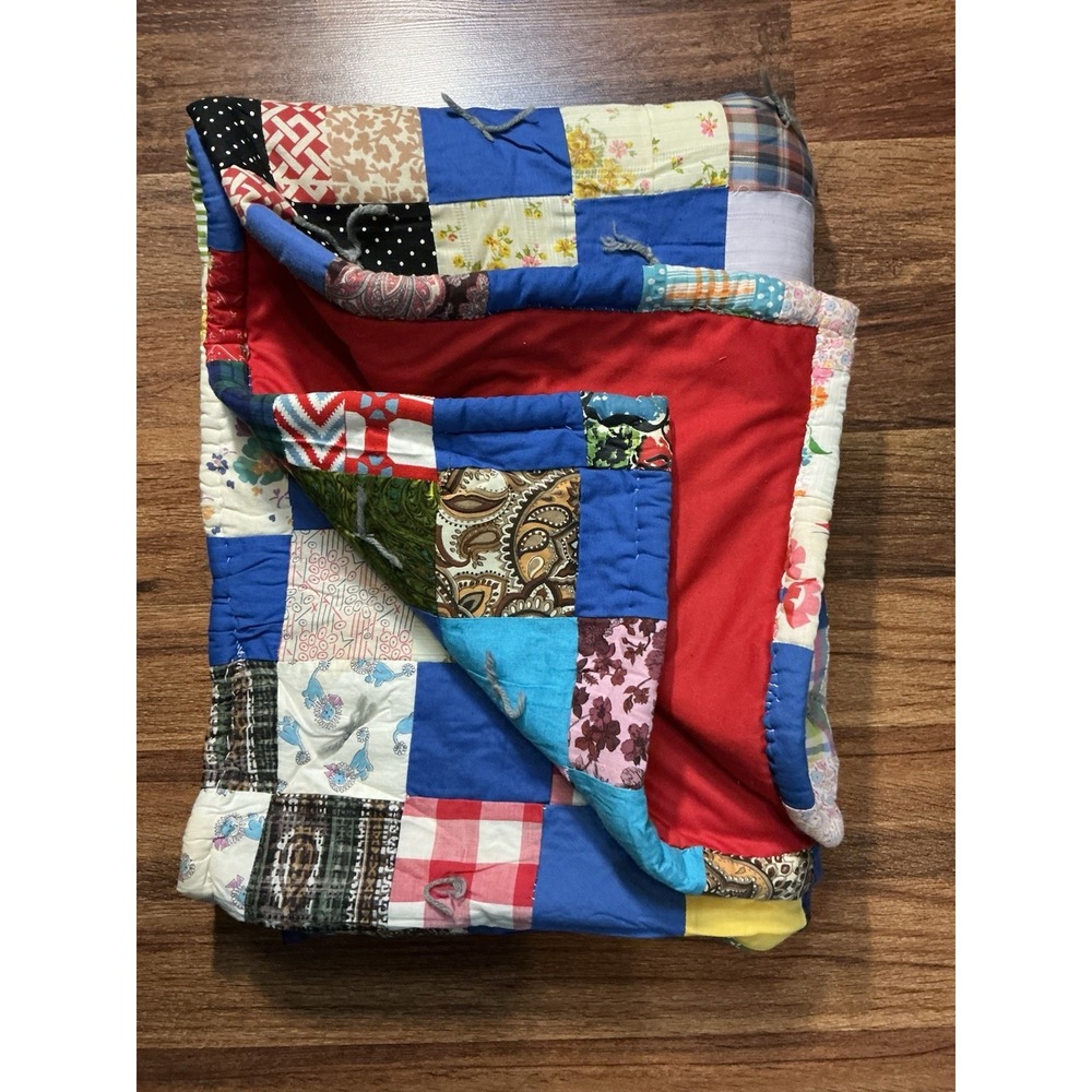Handmade Patchwork Scrappy Tie Quilt 74in X 41in